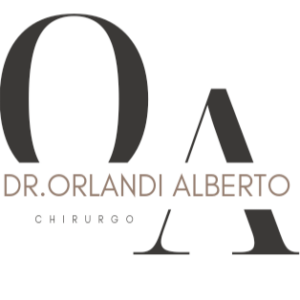 Logo formato da lettere O e A in nero, con font serif, e nel centro in nero con font sans serif la scritta " DR. Orlandi Alberto" e poco sotto piccolo chirurgo in oro